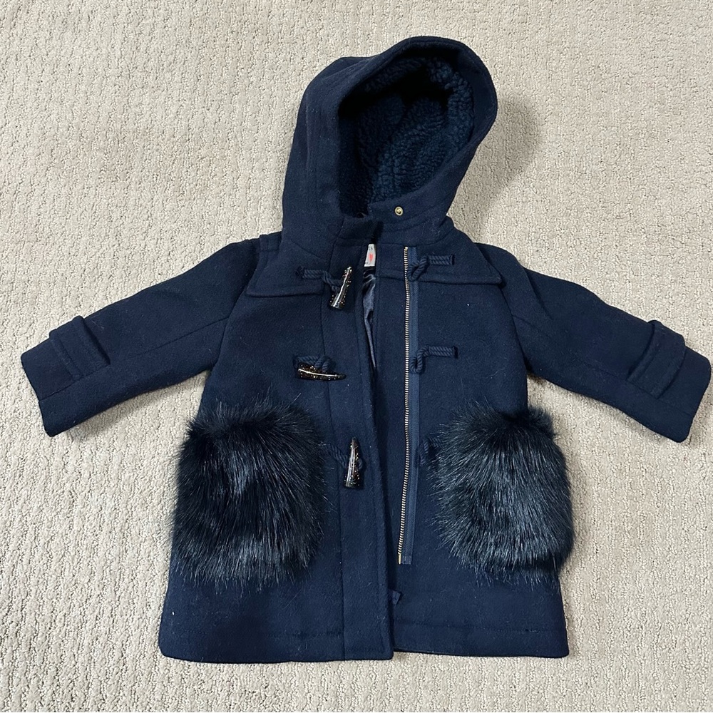Jcrew Crewcuts Girls Navy Hooded Peacoat with Faux Fur Pockets - Size 2